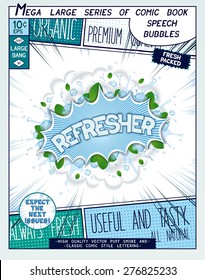 Refresher. Colorful explosion with mint leaves, ice, water splashes and clouds of smoke in comic style. Realistic pop art speech bubble