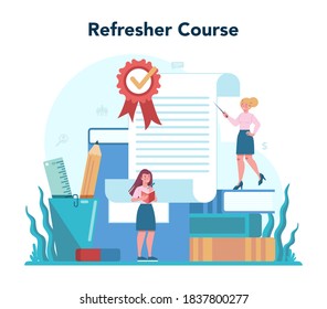 Refresher course. Searching for work or job. Idea of employment. Employment service and job interview, building career. Isolated flat illustration