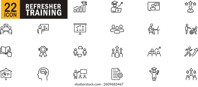 Refresher training editable outline icon set. Education, goal, teamwork, achievement, learning and more.
