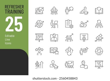 
Refresher training line Editable Icons set. Vector illustration in modern thin line style of education related icons: courses, online lection, workshop, and more. Pictograms and infographics.
