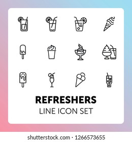 Refreshers line icon set. Cola, ice cream, lemonade. Drink concept. Can be used for topics like cafe, menu, food