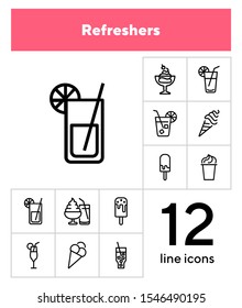 Refreshers line icon set. Cola, ice cream, lemonade. Drink concept. Can be used for topics like cafe, menu, food