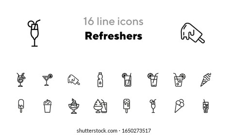 Refreshers line icon set. Cola, ice cream, lemonade. Drink concept. Can be used for topics like cafe, menu, food