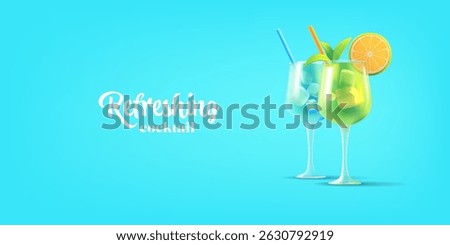 Refreshing 3D summer cocktails on a blue background. Realistic summer cocktails for advertising concepts for restaurants, bars, parties, and menus. Vector illustration.