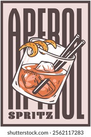 Refreshing aperol spritz cocktail featuring ice cubes and an orange peel garnish, complemented by colorful straws, set against a backdrop of bold, stylized typography for a vibrant summer vibe