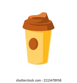 Ilustración plana vectorial de la taza de café amarillo de aroma fresco. Bebida caliente de cafeína matutina tradicional en recipiente para llevar aislado. Coffeehouse, la publicidad clásica de coffeeshop para el paquete