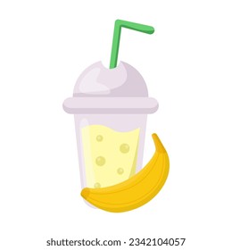 Refreshing banana drink vector illustration. Cartoon drawing of plastic cup with juice or lemonade and fruit. Fruit, refreshment, summer concept