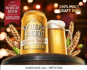 Refreshing beer in aluminum can and glass on top of oak barrels with wheat and hops elements, 3d illustration with bustling bokeh background