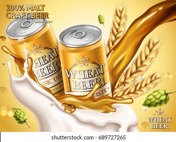 Refreshing beer in aluminum cans with wheat and hops elements, pouring liquid and foam in 3d illustration