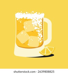 Refreshing beer glass with condensation and lemon. Vector illustration.