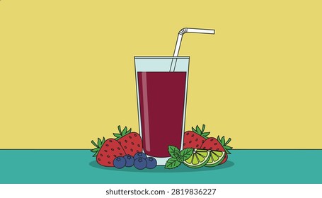 Refreshing berry fruit juice blend with strawberry blueberry lime and mint leaves in a clean flat vector graphic food illustration.