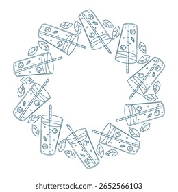 Refreshing beverage design featuring cups, ice cubes, and leaves in a circular arrangement