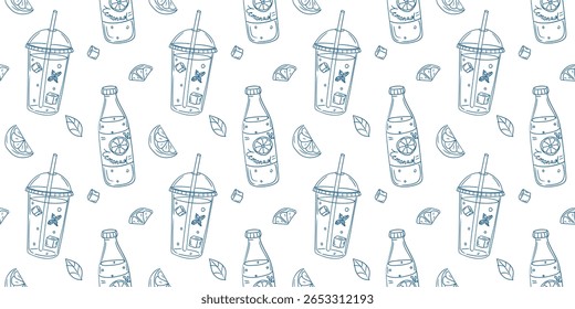 Refreshing beverage pattern featuring various drinks, fruits, and ice cubes in a light background