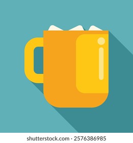 Refreshing beverage in a yellow mug topped with marshmallows, featuring a long shadow on a turquoise background, ideal for projects related to beverages, relaxation, and cozy moments 