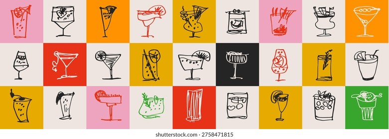 Refreshing beverages and exotic cocktails in doodle sketch charcoal style. Cafe drink menu elements for summer beach party posters and pub branding. Vector hand drawn alcohol set.