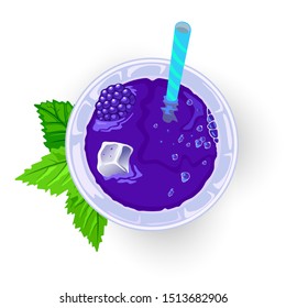 Refreshing Blackberry Mojito, Bramble Or Cooler Cocktail, Mocktail. Dark Beverage In Glass With Ice Cube, Berry And Straw, Garnished With Leaves. Cartoon Vector Icon Isolated On White. Top View.