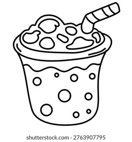 refreshing blended caffeine beverage with straw and chocolate sauce topping line art