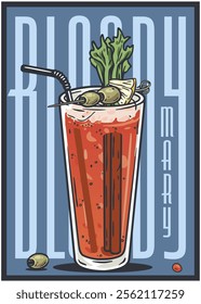 Refreshing bloody mary cocktail is garnished with celery stalk, olives, lemon wedge, cinnamon sticks and served with a straw in a tall glass on a blue background