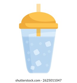 Refreshing blue beverage with ice cubes served in plastic cup with yellow lid and straw