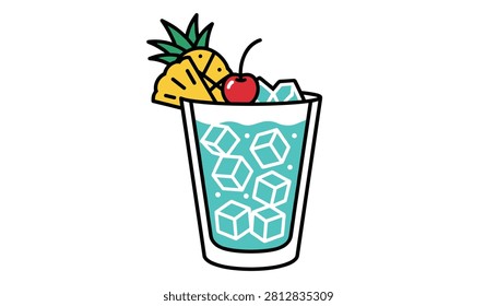 Refreshing blue cocktail in a glass garnished with a slice of yellow pineapple and a bright red cherry with ice cubes.