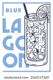 Refreshing blue lagoon cocktail is being served in a highball glass filled with ice cubes, a slice of lemon, and a straw, offering a cool and inviting beverage