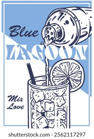 Refreshing blue lagoon cocktail being crafted with ice, a vibrant lemon slice, and a splash of blue curacao, creating the perfect drink for a sunny summer day