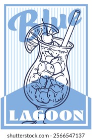 Refreshing blue lagoon cocktail drawing featuring ice cubes, a cherry, an orange slice, and a straw, presented in a vintage style with blue and white colors