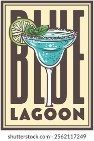 Refreshing blue lagoon cocktail, garnished with a vibrant lime wheel and aromatic fresh mint leaves, displayed in a charming vintage inspired poster design