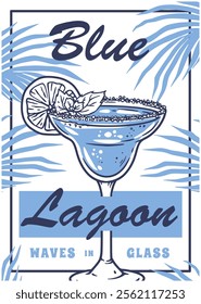 Refreshing blue lagoon cocktail served in a margarita glass, garnished with a lemon slice and mint leaves, evokes a tropical atmosphere with stylized palm leaves, perfect for summer enjoyment