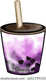 Um chá de bolha de taro cafeinado refrescante com pérolas de tapioca em forma de coração e uma palha larga