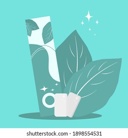 Refreshing Chewing gum on mint bckground. whitening bubble gum. Cartoon vector illustration. Getting rid of caries.
