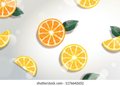 Refreshing citrus background with green leaves in 3d illustration