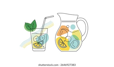 Refreshing Citrus Beverage Preparation with Ice and Mint Leaves in a Glass and Pitcher