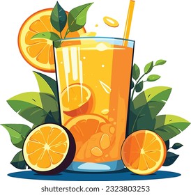 Refreshing Citrus Juice in Glass on White Background, Refreshing Orange Juice in Glass vector illustration