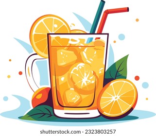 Refreshing Citrus Juice in Glass on White Background, Refreshing Orange Juice in Glass vector illustration