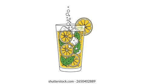Refreshing citrus mint drink with ice cubes and orange slice garnished in tall glass