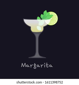 Refreshing Classic Margarita with Lime, Mint and Salt isolated on black background, Vector Illustration.