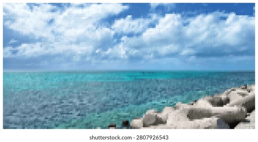 Refreshing coastal vista showcasing crystal clear sea against rocky textured shore. Idyllic tropical landscape ideal for relaxing nature backgrounds.
