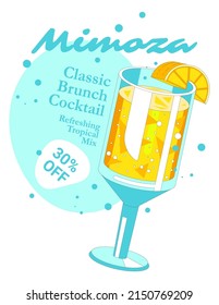 Refreshing cocktail, alcoholic beverage served with ice and lemon slices. Classic recipe and discounted price in restaurant or cafe, diner or shop. Special promotion for clients, vector in flat