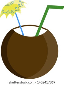 A refreshing cocktail in a coconut shell, vector, color drawing or illustration.