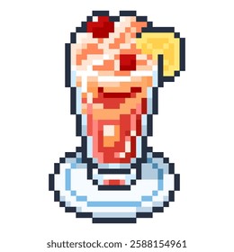 Refreshing cocktail drink with lemon, cherries and ice in cherry strawberry grapefruit flavor in a glass to refresh the summer day vector pixel art element, icon, sticker, game