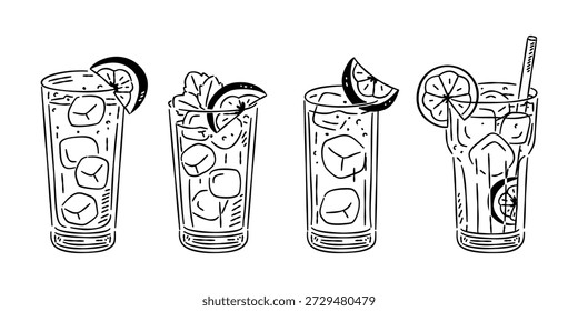 Refrescantes bebidas de cóctel de colección. Ilustraciones dibujadas a mano de Long Island Ice Tea para menús de bar y carteles de verano.