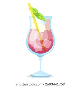 Refreshing cocktail with ice and straw in glass. Vector illustration