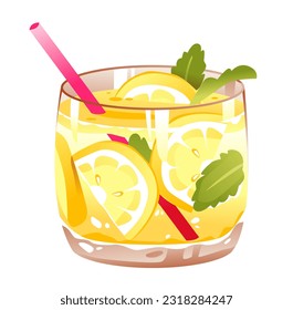 Refreshing cocktail with lemon, lime and mint. Cartoon vector illustration. 