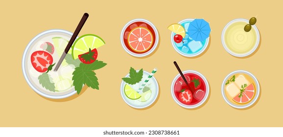 Refrescante carta de cócteles en copas. Vista desde arriba. Conjunto de diferentes tipos de bebidas no alcohólicas y alcohólicas: mojito, laguna azul, martini, fresa. Jugo fresco de verano. Ilustración vectorial.