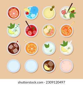 Refreshing cocktail menu. View from above. Set of different types of carbonated and alcoholic drinks: mojito, martini, cold tea, smoothies, water, lemonade. Summer cool juice. Vector illustration.
