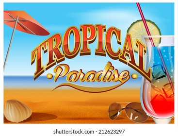 Refreshing cocktail on beach. Summer vector poster.