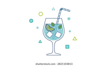 Refreshing cocktail served in a wine glass with a striped straw, ice cubes, mint leaves, and a slice of lime.