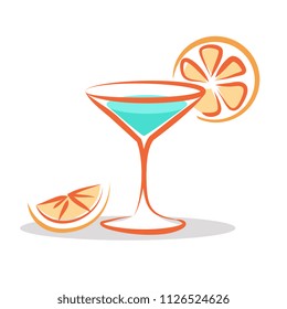 Refreshing cocktail with slice of orange cartoon style logo isolated vector illustration on white background. Tasty drink to quench your thirst