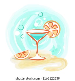 Refreshing cocktail with slice of orange on sandy beach background vector illustration on white. Tasty drink to quench your thirst